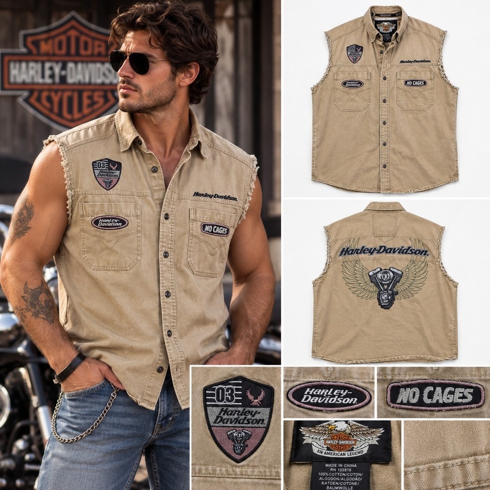 Harley Davidson No Cages Sleeveless Shirt Men's Tan Biker V-Twin Raw Hem